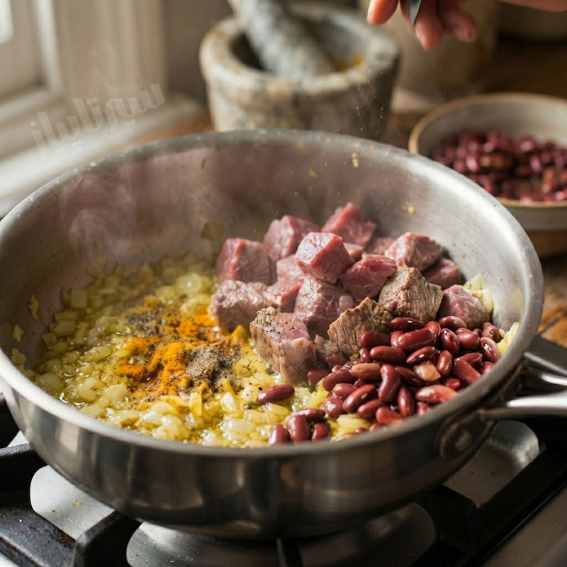 مرحله دوم: تفت دادن گوشت و پیاز در طرز تهیه قورمه سبزی
