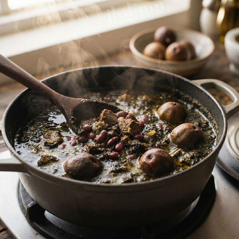 مرحله سوم: پخت ملایم و جا افتادن در طرز تهیه قورمه سبزی